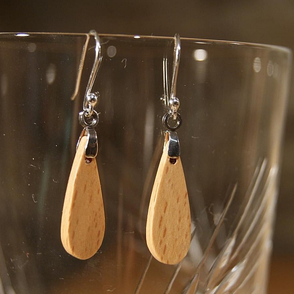 boucle d'oreille goutelettes en bois bijoux &eacute;thique en bois, bijou nature cir&eacute;, fait main