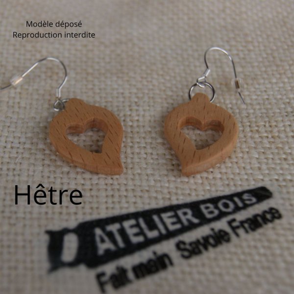 boucles d'oreilles coeur bois cir&eacute;, noce de bois, saint valentin, fait main