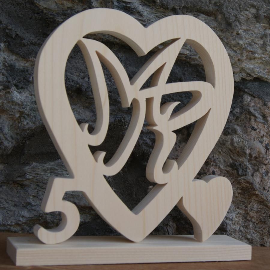 Coeur noce de bois, 5 ans de mariage, initiales personnalisées, idée cadeau noces de bois