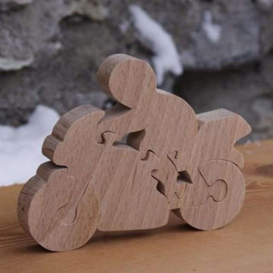 moto et motard puzzle 5  pieces en bois de hetre fait main