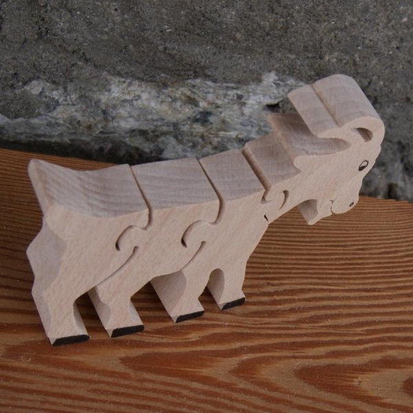 Puzzle bois massif 4 pièces chèvre Hetre fait main, animaux de la ferme