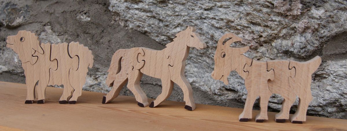 Puzzle bois 4 pièces cheval equitation Hetre massif fait main, animaux de la ferme