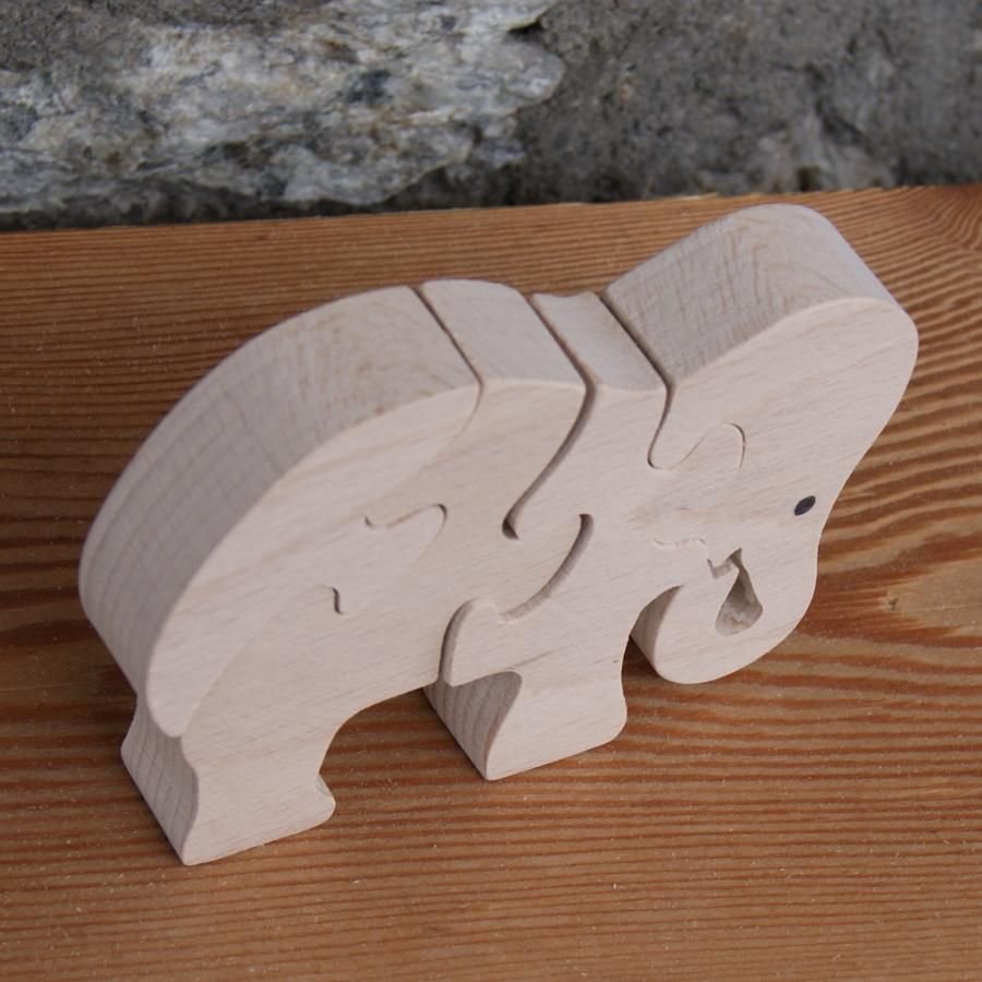 Puzzle bois 4 pièces éléphant mangeant Hetre massif, fait main